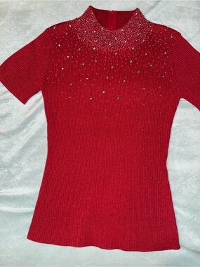 Red Short-Sleeve Embellished Knit Top